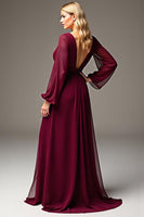 Load image into Gallery viewer, Burgundy Chiffon V-Neck Ruched Long Mother of the Bride Dress