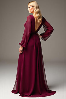 Burgundy Chiffon V-Neck Ruched Long Mother of the Bride Dress