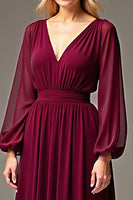 Load image into Gallery viewer, Burgundy Chiffon V-Neck Ruched Long Mother of the Bride Dress