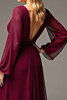 Load image into Gallery viewer, Burgundy Chiffon V-Neck Ruched Long Mother of the Bride Dress