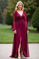 Load image into Gallery viewer, Burgundy V-Neck Backless Long Chiffon Mother of the Bride Dress with Slit
