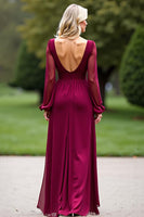 Load image into Gallery viewer, Burgundy V-Neck Backless Long Chiffon Mother of the Bride Dress with Slit