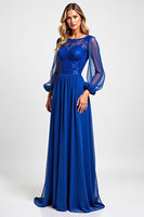Load image into Gallery viewer, Royal Blue Chiffon Embroderied Mother of the Bride Dress with Long Sleeves