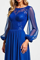 Load image into Gallery viewer, Royal Blue Chiffon Embroderied Mother of the Bride Dress with Long Sleeves