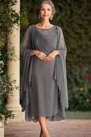 Load image into Gallery viewer, Grey Tea Length Chiffon Mother of the Bride Dress with Shawl