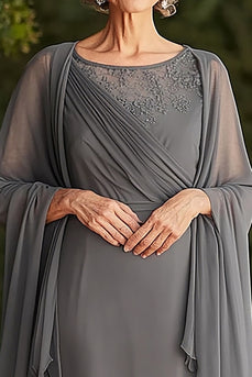Grey Tea Length Chiffon Mother of the Bride Dress with Shawl
