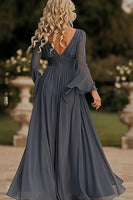 Load image into Gallery viewer, Dark Grey A Line Ruched Long Chiffon Mother of the Bride Dress with Slit
