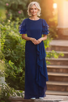 Load image into Gallery viewer, Navy Sheath Long Chiffon Mother of the Bride Dress with Tiered Sleeves
