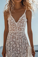 Load image into Gallery viewer, Boho White Lace A Line Deep V-Neck Spaghetti Straps Long Graduation Dress