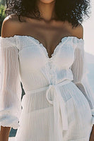 Load image into Gallery viewer, Short Off The Shoulder White Graduation Dress with Long Sleeves