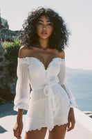 Load image into Gallery viewer, Short Off The Shoulder White Graduation Dress with Long Sleeves