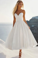 Load image into Gallery viewer, Strapless White A Line Tea Length Graduation Dress