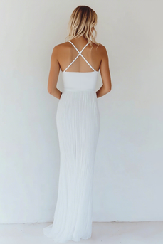 White Spaghetti Straps Cut Out Ankle Length Graduation Dress