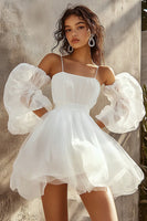 Load image into Gallery viewer, White A Line Short Graduation Dress with Puff Sleeves