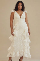 Load image into Gallery viewer, White Plus Size Ruffled Ankle Length Graduation Dress with Lace