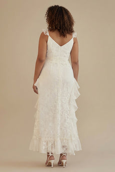 White Plus Size Ruffled Ankle Length Graduation Dress with Lace