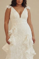 Load image into Gallery viewer, White Plus Size Ruffled Ankle Length Graduation Dress with Lace