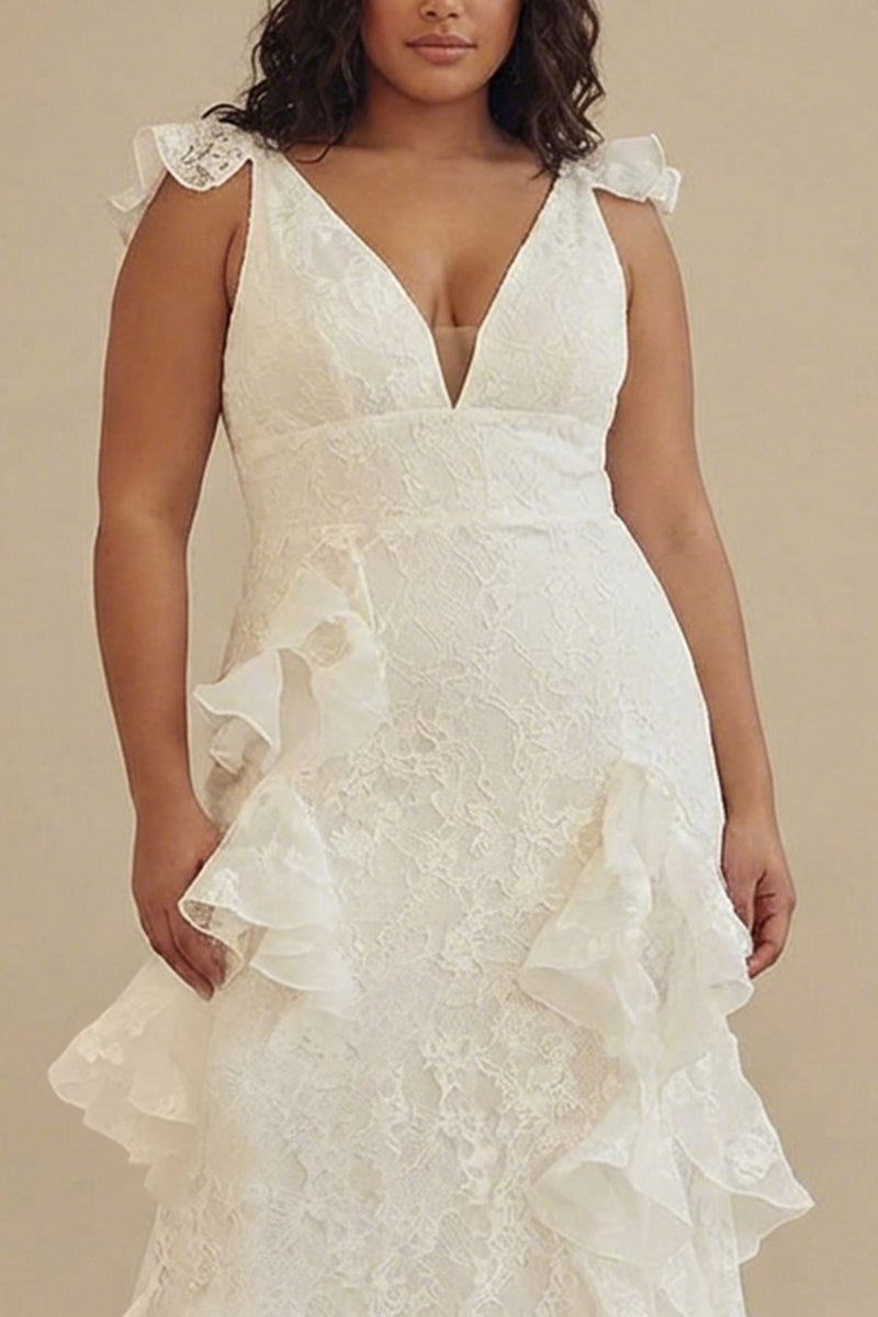 Load image into Gallery viewer, White Plus Size Ruffled Ankle Length Graduation Dress with Lace