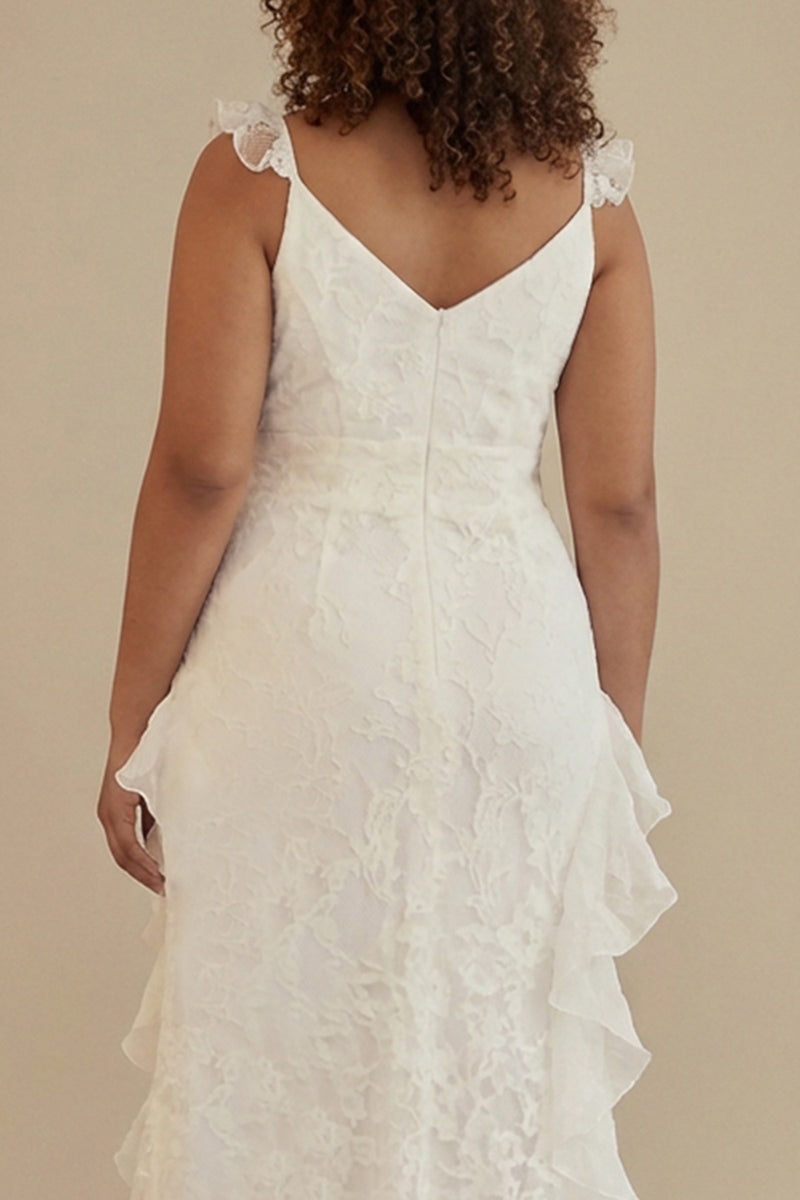Load image into Gallery viewer, White Plus Size Ruffled Ankle Length Graduation Dress with Lace