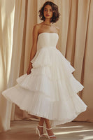 Load image into Gallery viewer, Flowy Tiered White Strapless A Line Long Graduation Dress
