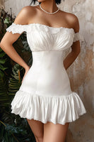 Load image into Gallery viewer, White Off The Shoulder Ruched Mini Length Satin Graduation Dress