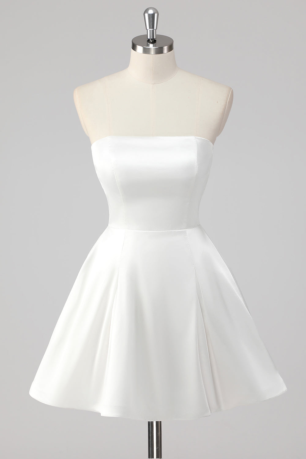 Simple White A Line Satin Strapless Short Graduation Dress