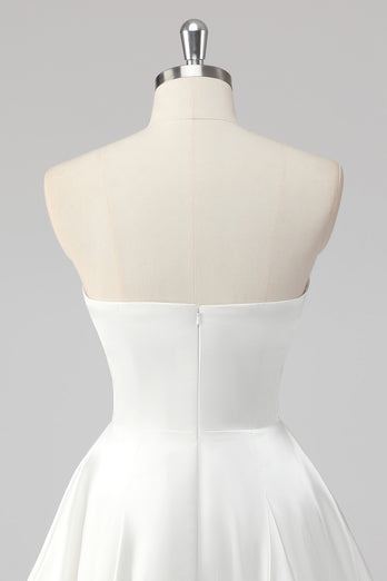 Simple White A Line Satin Strapless Short Graduation Dress