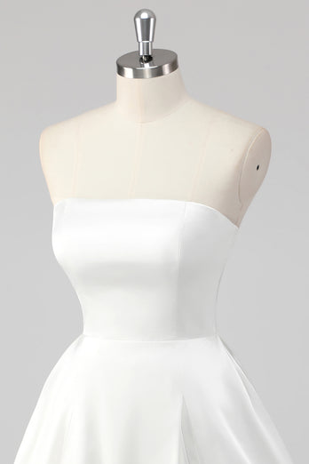Simple White A Line Satin Strapless Short Graduation Dress