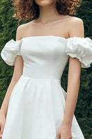 Load image into Gallery viewer, Satin White Off The Shoulder Knee Length Graduation Dress