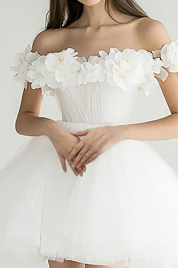 White Off The Shoulder A Line Tulle Short Graduation Dress with 3D Flowers