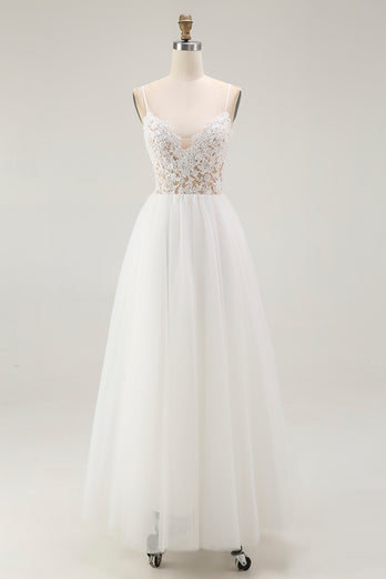 White A Line Tulle Long Rehearsal Dinner Dress with Embroidery