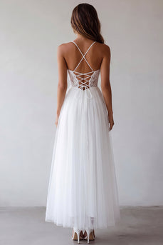 White A Line Tulle Long Rehearsal Dinner Dress with Embroidery