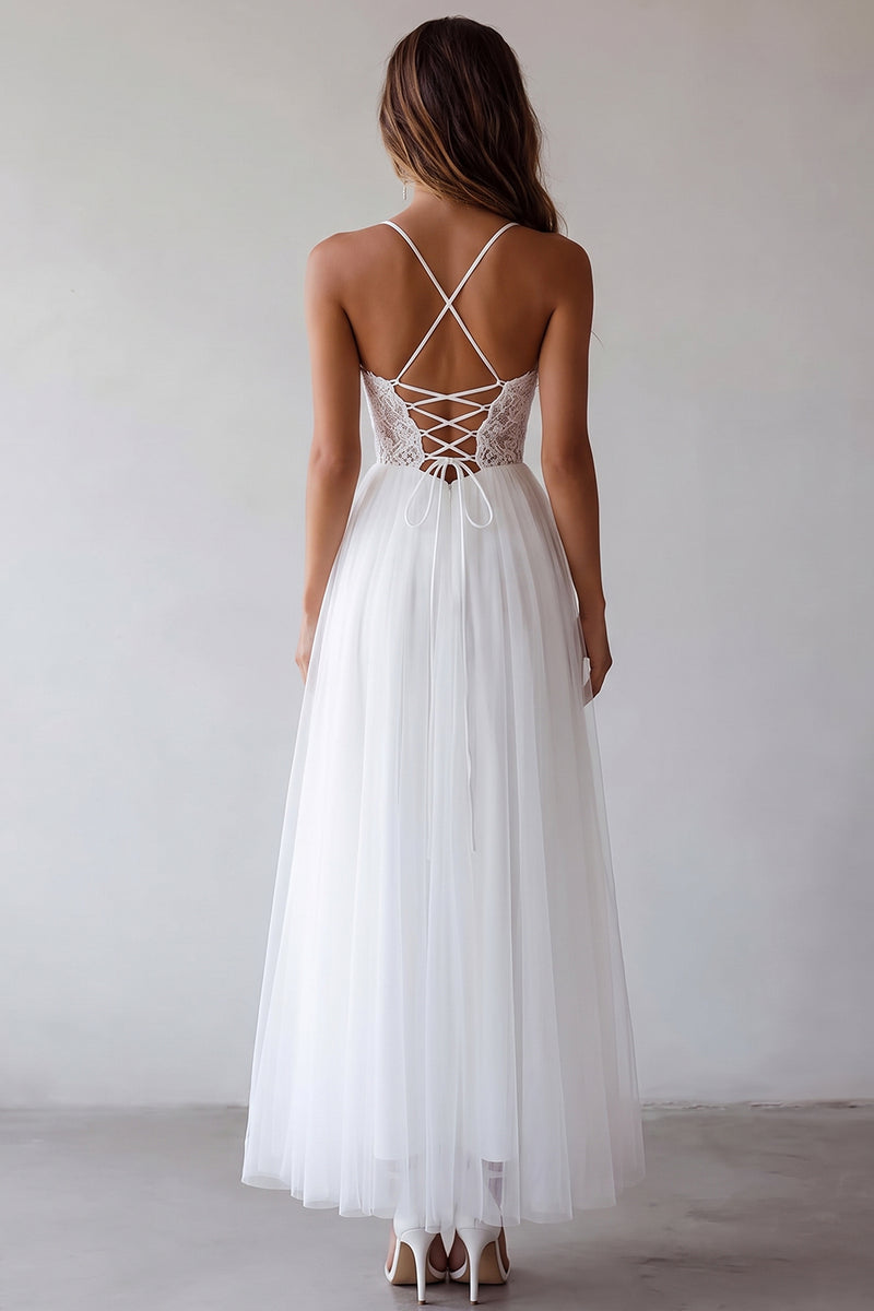 Load image into Gallery viewer, White A Line Tulle Long Rehearsal Dinner Dress with Embroidery