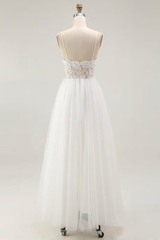 White A Line Tulle Long Rehearsal Dinner Dress with Embroidery