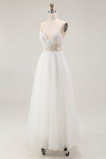White A Line Tulle Long Rehearsal Dinner Dress with Embroidery