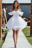 Load image into Gallery viewer, White Tulle Off the Shoulder A Line Mini Graduation Dress with Ruffles