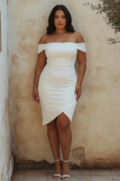 Load image into Gallery viewer, White Satin Off the Shoulder Sheath Graduation Dress