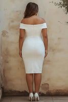 Load image into Gallery viewer, White Satin Off the Shoulder Sheath Graduation Dress