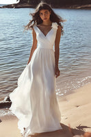 Load image into Gallery viewer, White Chiffon A Line V-Neck Long Graduation Dress