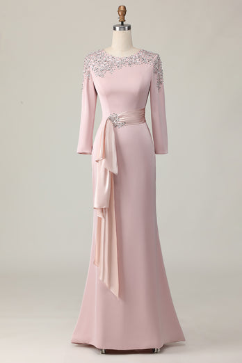 Elegant Blush Satin Sheath Mother of the Bride Dress with Long Sleeves