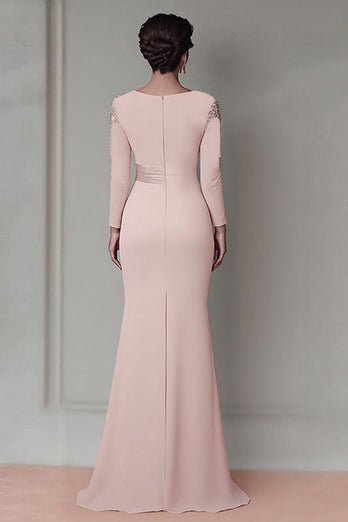 Elegant Blush Satin Sheath Mother of the Bride Dress with Long Sleeves