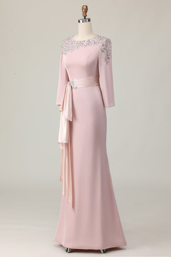 Elegant Taupe Satin Sheath Long Sleeves Mother of the Bride Dress