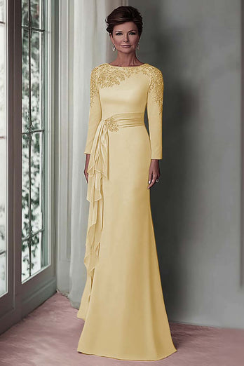 Elegant Blush Satin Sheath Mother of the Bride Dress with Long Sleeves