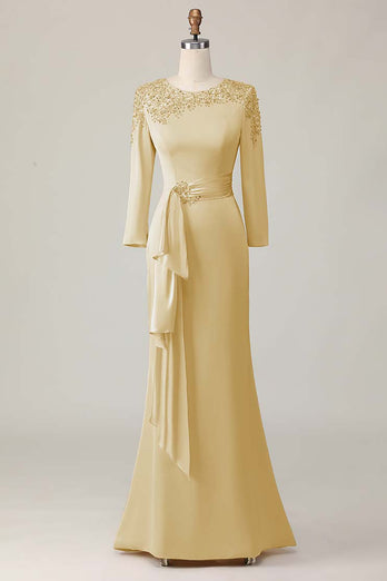 Elegant Blush Satin Sheath Mother of the Bride Dress with Long Sleeves