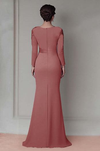 Elegant Blush Satin Sheath Mother of the Bride Dress with Long Sleeves