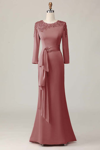 Elegant Blush Satin Sheath Mother of the Bride Dress with Long Sleeves
