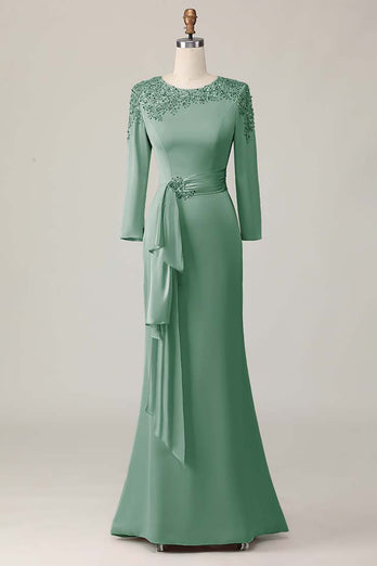 Taupe Satin Sheath Mother of the Bride Dress with Long Sleeves