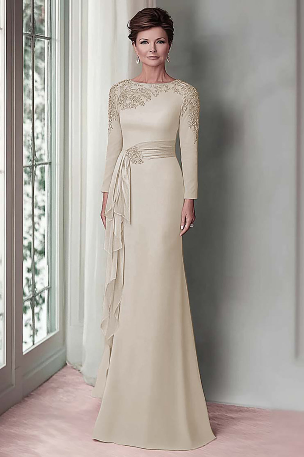 Taupe Satin Sheath Mother of the Bride Dress with Long Sleeves