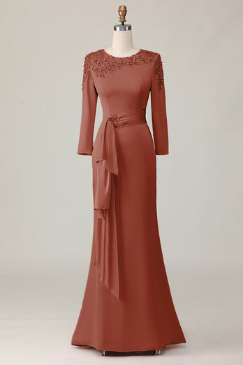 Taupe Satin Sheath Mother of the Bride Dress with Long Sleeves
