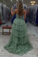 Load image into Gallery viewer, Sparkly Sage Corset Tiered Long Prom Dress with Slit